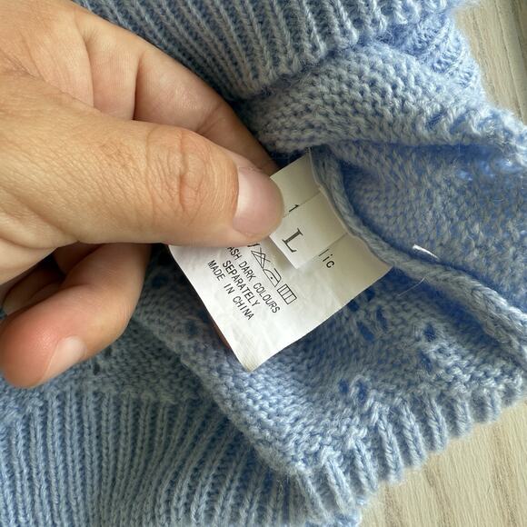 Light Blue Open Knit V-Neck Ribbed Hem Acrylic Sweater Top – Size Large - Picture 3 of 5